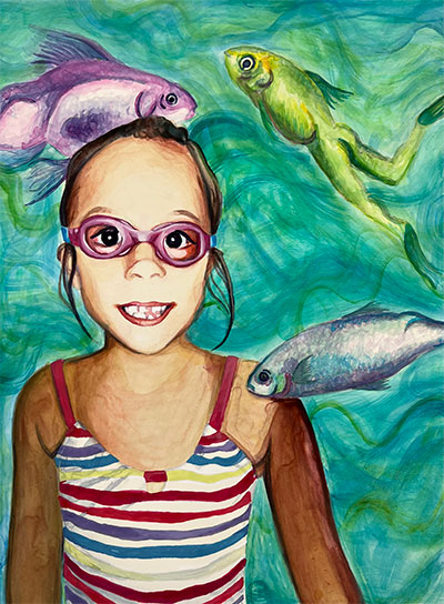 girl swimming with fish