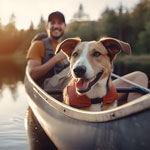 A man and his dog enjoying a canoe ride